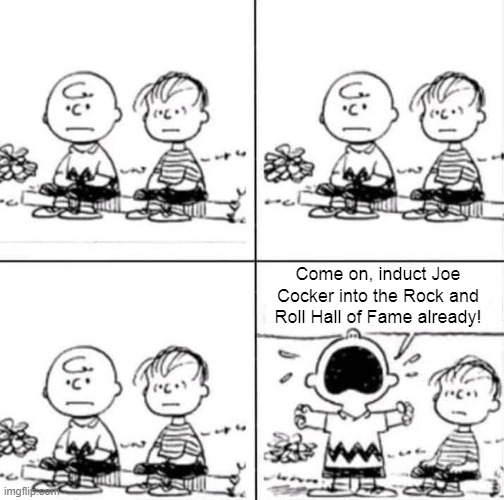 Frustrated Charlie Brown and Linus Joe Cocker | Come on, induct Joe Cocker into the Rock and Roll Hall of Fame already! | image tagged in frustrated charlie brown and linus,joe cocker,rock and roll hall of fame | made w/ Imgflip meme maker