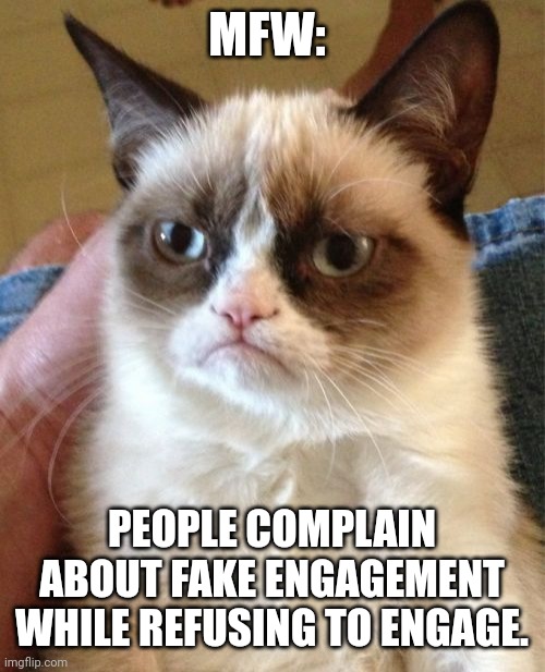 Post after post of this crap across social media. | MFW:; PEOPLE COMPLAIN ABOUT FAKE ENGAGEMENT WHILE REFUSING TO ENGAGE. | image tagged in memes,grumpy cat | made w/ Imgflip meme maker