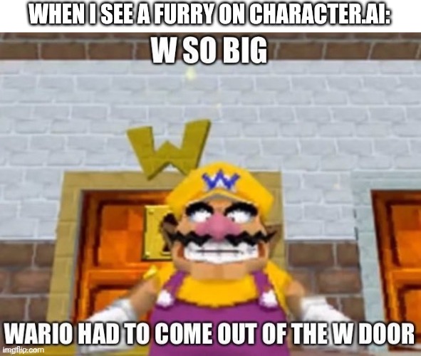 W so big Wario | WHEN I SEE A FURRY ON CHARACTER.AI: | image tagged in w so big wario | made w/ Imgflip meme maker