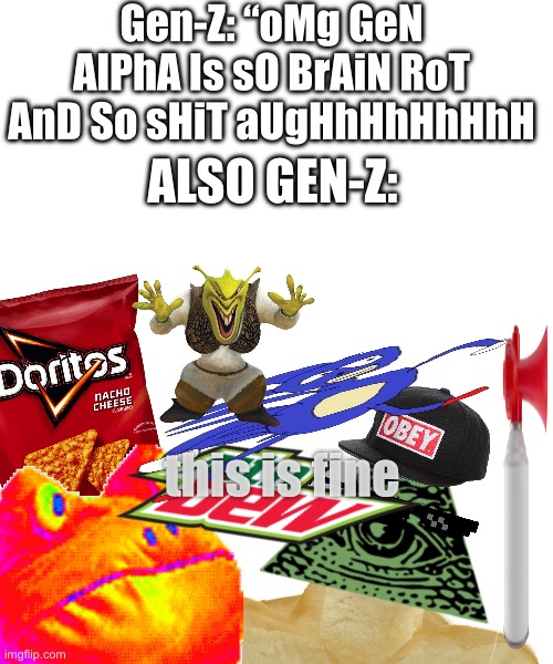 Every generation is shit but still | Gen-Z: “oMg GeN AlPhA Is sO BrAiN RoT AnD So sHiT aUgHhHhHhHhH; ALSO GEN-Z:; this is fine | image tagged in fun | made w/ Imgflip meme maker