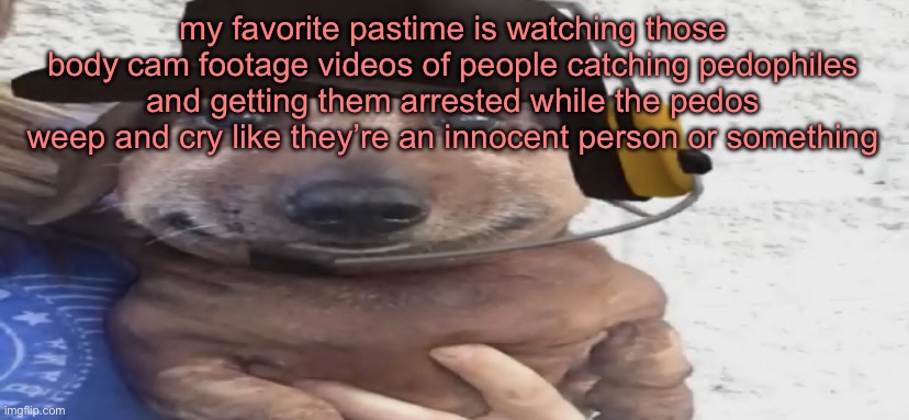 chucklenuts | my favorite pastime is watching those body cam footage videos of people catching pedophiles and getting them arrested while the pedos weep and cry like they’re an innocent person or something | image tagged in chucklenuts | made w/ Imgflip meme maker