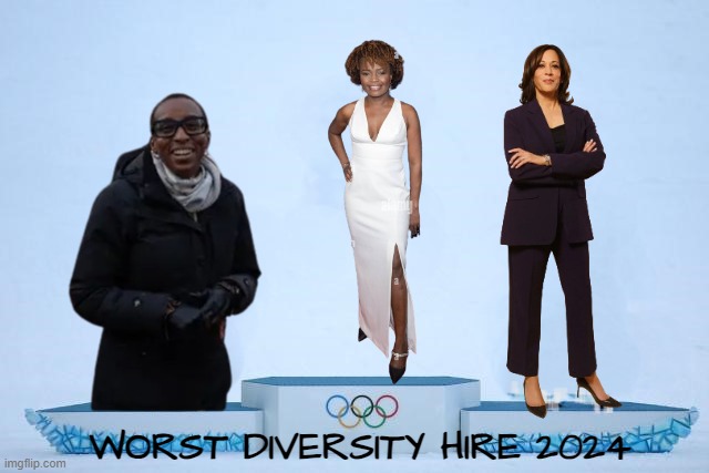 Diversity hire olympics | WORST DIVERSITY HIRE 2024 | image tagged in olympics,gold,silver,kamala harris,press secretary,president | made w/ Imgflip meme maker
