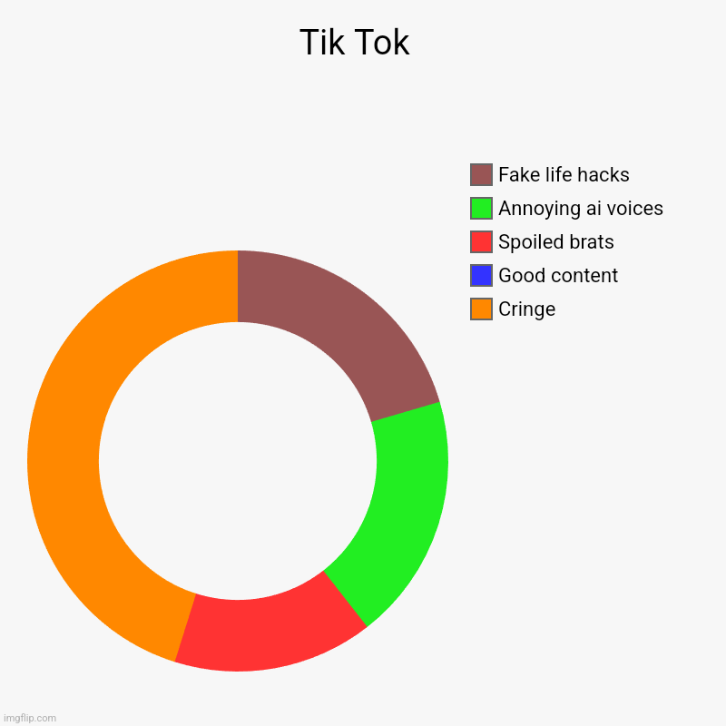 Tik Tok  | Cringe , Good content , Spoiled brats, Annoying ai voices, Fake life hacks | image tagged in charts,donut charts | made w/ Imgflip chart maker