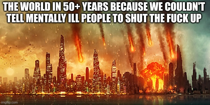 the world in 50+ years | THE WORLD IN 50+ YEARS BECAUSE WE COULDN'T TELL MENTALLY ILL PEOPLE TO SHUT THE FUCK UP | image tagged in apocalypse | made w/ Imgflip meme maker