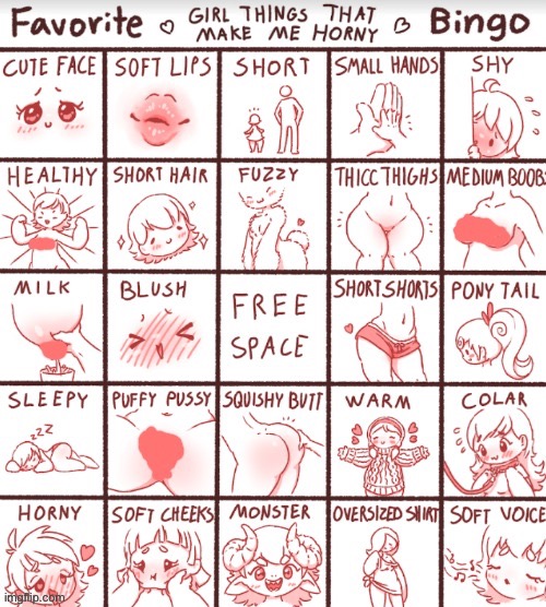 No spaces marked because this is a weird bingo | image tagged in favorite girl things that make me horny bingo | made w/ Imgflip meme maker