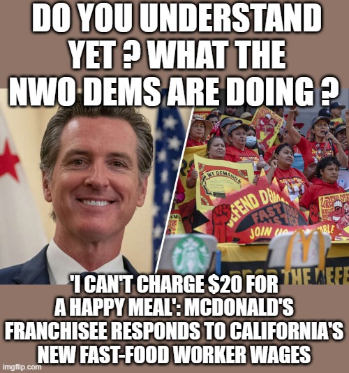 SERVICE jobs are for teenagers, not jobs to raise a family on. | DO YOU UNDERSTAND YET ? WHAT THE NWO DEMS ARE DOING ? 'I CAN'T CHARGE $20 FOR A HAPPY MEAL': MCDONALD'S FRANCHISEE RESPONDS TO CALIFORNIA'S NEW FAST-FOOD WORKER WAGES | image tagged in democrats,nwo,destroy | made w/ Imgflip meme maker