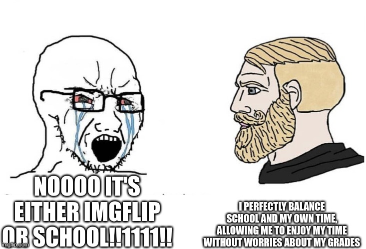 Soyboy Vs Yes Chad | NOOOO IT'S EITHER IMGFLIP OR SCHOOL!!1111!! I PERFECTLY BALANCE SCHOOL AND MY OWN TIME, ALLOWING ME TO ENJOY MY TIME WITHOUT WORRIES ABOUT M | image tagged in soyboy vs yes chad | made w/ Imgflip meme maker