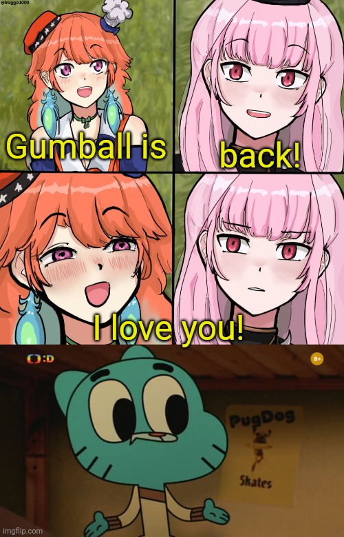 Mori and Kiara meets Gumball | Gumball is; back! I love you! | image tagged in for the better right mori calliope kiara hololive english,gumball closing his mouth 4 | made w/ Imgflip meme maker