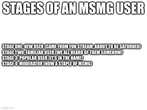 STAGES OF AN MSMG USER; STAGE ONE: NEW USER (CAME FROM FUN STREAM, ABOUT TO BE SATURNED)

STAGE TWO: FAMILIAR USER (WE ALL HEARD OF THEM SOMEHOW)

STAGE 3: POPULAR USER (IT'S IN THE NAME)

STAGE 4: MODERATOR (NOW A STAPLE OF MSMG) | made w/ Imgflip meme maker