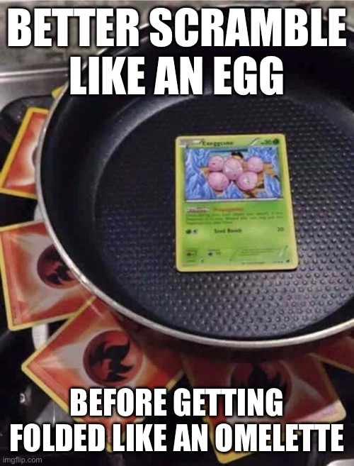 pokémon cooking | BETTER SCRAMBLE LIKE AN EGG; BEFORE GETTING FOLDED LIKE AN OMELETTE | image tagged in pok mon cooking | made w/ Imgflip meme maker