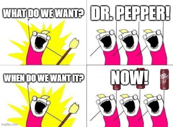 What Do We Want | WHAT DO WE WANT? DR. PEPPER! NOW! WHEN DO WE WANT IT? | image tagged in memes,what do we want | made w/ Imgflip meme maker