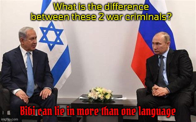 2 peas in a pod | What is the difference between these 2 war criminals? Bibi can lie in more than one language | image tagged in putin,netanyahu,bibi vlad,israel,russia,war criminals | made w/ Imgflip meme maker