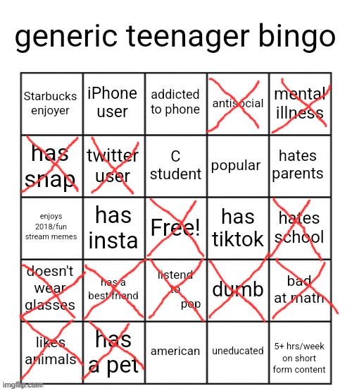 generic teenager bingo | image tagged in generic teenager bingo | made w/ Imgflip meme maker