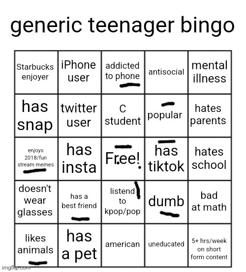 generic teenager bingo | image tagged in generic teenager bingo,memes,funny,bingo | made w/ Imgflip meme maker