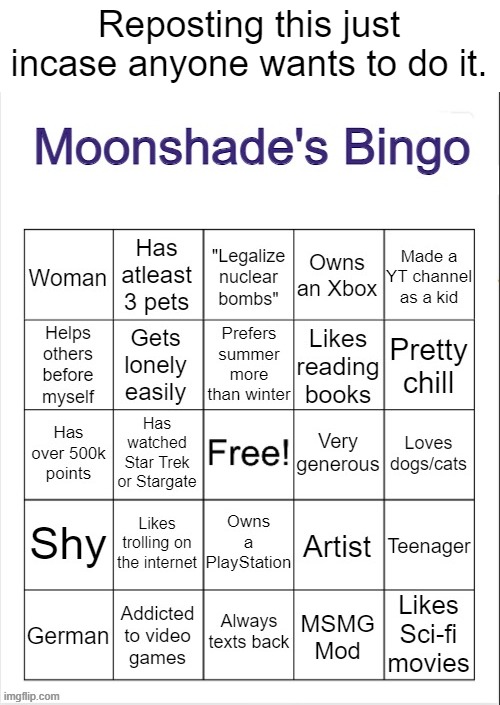 Moonshade's Bingo | Reposting this just incase anyone wants to do it. | image tagged in moonshade's bingo | made w/ Imgflip meme maker