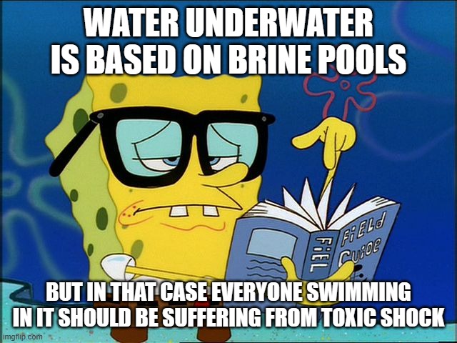 Spongebob nerd | WATER UNDERWATER IS BASED ON BRINE POOLS BUT IN THAT CASE EVERYONE SWIMMING IN IT SHOULD BE SUFFERING FROM TOXIC SHOCK | image tagged in spongebob nerd | made w/ Imgflip meme maker