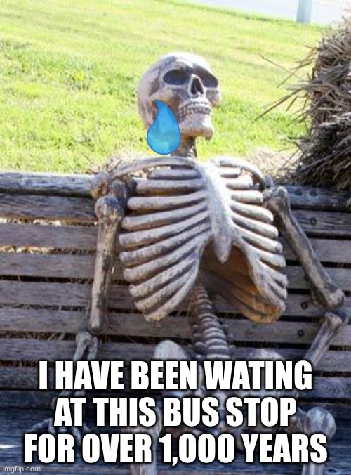 Waiting Skeleton Meme | I HAVE BEEN WATING AT THIS BUS STOP FOR OVER 1,OOO YEARS | image tagged in memes,waiting skeleton | made w/ Imgflip meme maker
