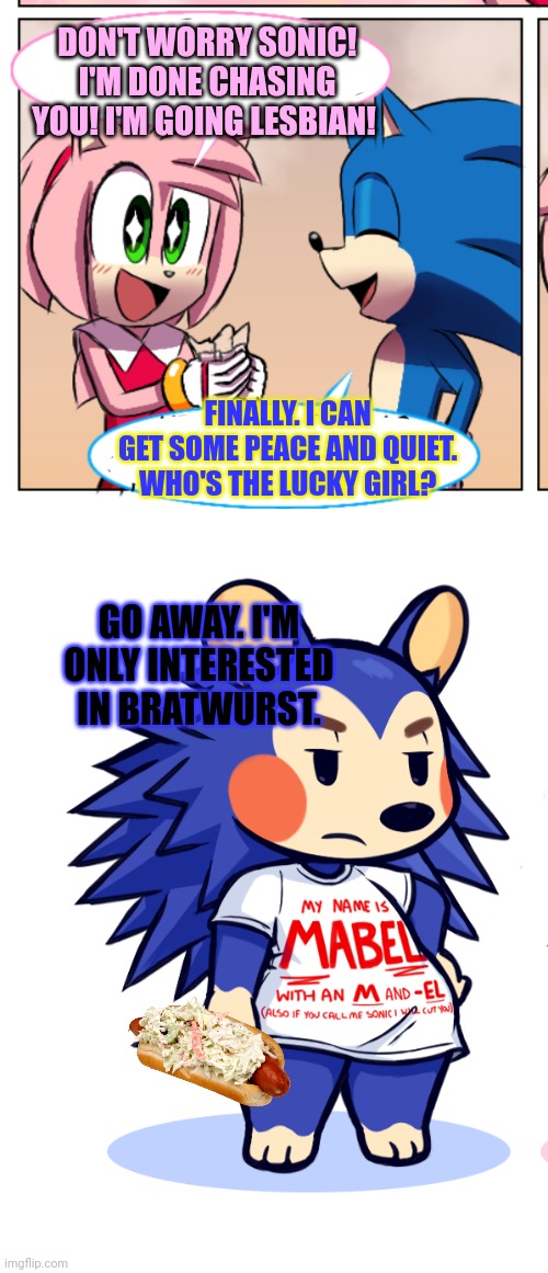 Sonic visits the island | DON'T WORRY SONIC! I'M DONE CHASING YOU! I'M GOING LESBIAN! FINALLY. I CAN GET SOME PEACE AND QUIET. WHO'S THE LUCKY GIRL? GO AWAY. I'M ONLY INTERESTED IN BRATWURST. | image tagged in sonic the hedgehog,amy rose,sonic,animal crossing,mabel able | made w/ Imgflip meme maker