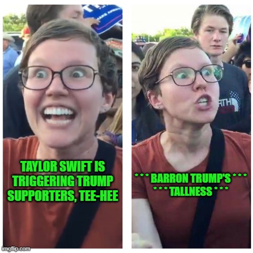 The Gift that Keeps Giving | TAYLOR SWIFT IS TRIGGERING TRUMP SUPPORTERS, TEE-HEE; * * * BARRON TRUMP'S * * *
* * * TALLNESS * * * | image tagged in sjw happy then triggered | made w/ Imgflip meme maker