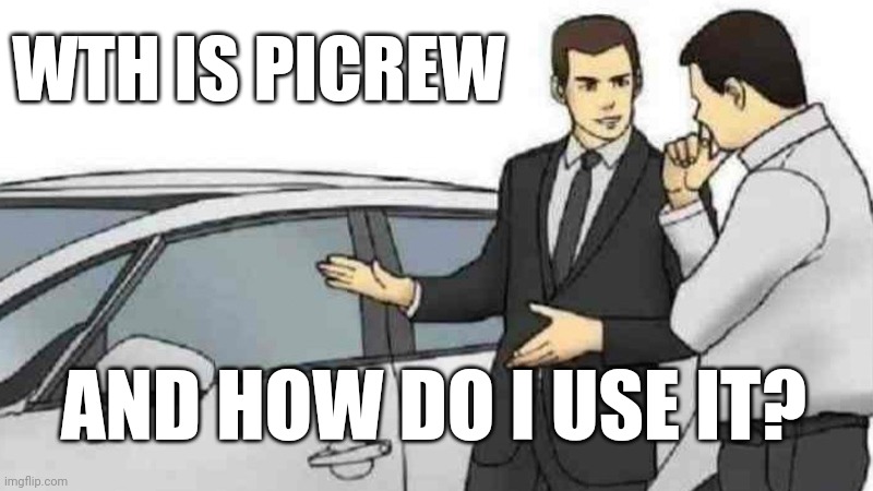 Car Salesman Slaps Roof Of Car | WTH IS PICREW; AND HOW DO I USE IT? | image tagged in memes,car salesman slaps roof of car | made w/ Imgflip meme maker