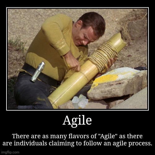 Too much agile | Agile | There are as many flavors of "Agile" as there are individuals claiming to follow an agile process. | image tagged in funny,demotivationals,agile,captain kirk | made w/ Imgflip demotivational maker