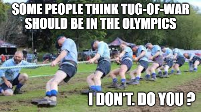 memes by Brad should tug-of-war be in the olympics ? | SOME PEOPLE THINK TUG-OF-WAR SHOULD BE IN THE OLYMPICS; I DON'T. DO YOU ? | image tagged in sports,olympics,extreme sports,good memes,funny | made w/ Imgflip meme maker