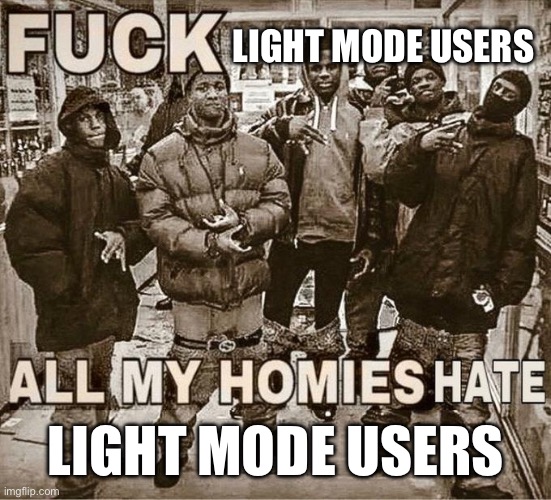 Fuck X All my homies hate X | LIGHT MODE USERS; LIGHT MODE USERS | image tagged in fuck x all my homies hate x | made w/ Imgflip meme maker