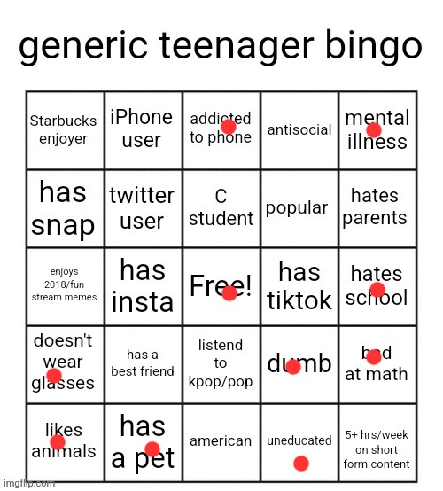 generic teenager bingo | image tagged in generic teenager bingo | made w/ Imgflip meme maker