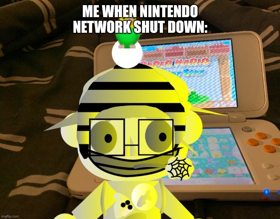 Nintendo Network shutting down: | ME WHEN NINTENDO NETWORK SHUT DOWN: | image tagged in crazy sticker kck | made w/ Imgflip meme maker