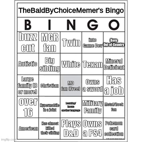 I did something | TheBaldByChoiceMemer's Bingo; buzz cut; Born Out-of-Country; MGR fan; Twin; into Game Dev; White; Autistic; Big sibling; Texan; Mineral Deficient; Has a job; MD fan (Free); Owns a sword; Christian; Large family (8 or more); Military Family; Hypermobile in a joint; over 16; Metal/Rock fan; Learning/ knows another language; Pokemon card collection; Owns a PS4; Has almost killed their sibling; Plays D&D; American | image tagged in blank bingo card | made w/ Imgflip meme maker