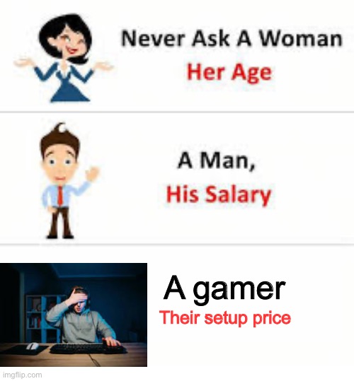 Especially if they are using something like a Chromebook… | A gamer; Their setup price | image tagged in never ask a woman her age,memes,funny,video games,step away from the tags | made w/ Imgflip meme maker