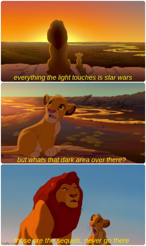 funny star wars meme | everything the light touches is star wars; but whats that dark area over there? those are the sequels, never go there | image tagged in lion king meme | made w/ Imgflip meme maker