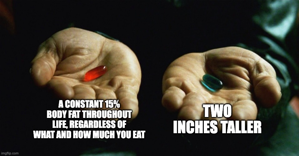 Choose wisely | A CONSTANT 15% BODY FAT THROUGHOUT LIFE, REGARDLESS OF WHAT AND HOW MUCH YOU EAT; TWO INCHES TALLER | image tagged in red pill blue pill | made w/ Imgflip meme maker