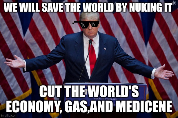 Donald Trump | WE WILL SAVE THE WORLD BY NUKING IT; CUT THE WORLD'S ECONOMY, GAS,AND MEDICENE | image tagged in donald trump | made w/ Imgflip meme maker