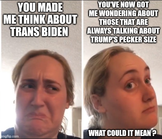 Kombucha Girl | YOU MADE ME THINK ABOUT TRANS BIDEN YOU'VE NOW GOT ME WONDERING ABOUT THOSE THAT ARE ALWAYS TALKING ABOUT TRUMP'S PECKER SIZE WHAT COULD IT  | image tagged in kombucha girl | made w/ Imgflip meme maker
