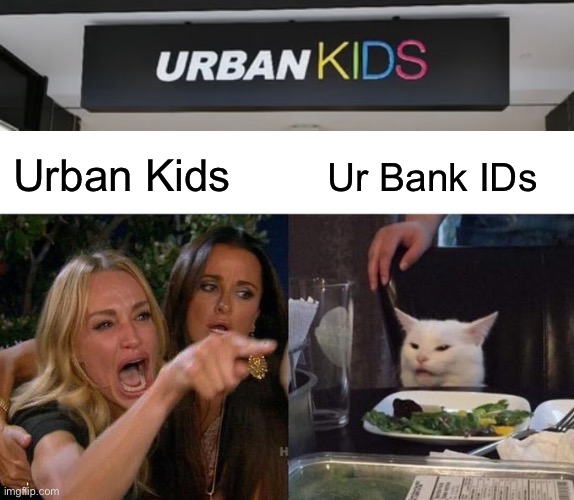 Urban Kids; Ur Bank IDs | image tagged in memes,woman yelling at cat | made w/ Imgflip meme maker