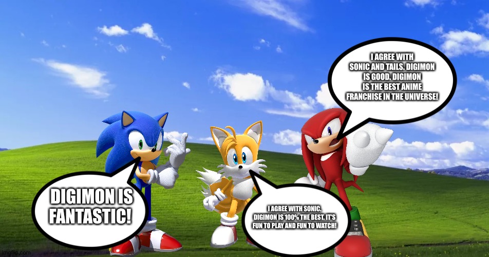 Sonic,Tails and Knuckles love Digimon | I AGREE WITH SONIC AND TAILS. DIGIMON IS GOOD. DIGIMON IS THE BEST ANIME FRANCHISE IN THE UNIVERSE! DIGIMON IS FANTASTIC! I AGREE WITH SONIC. DIGIMON IS 100% THE BEST. IT'S FUN TO PLAY AND FUN TO WATCH! | image tagged in old windows sreeen,sonic the hedgehog,sonic,digimon | made w/ Imgflip meme maker