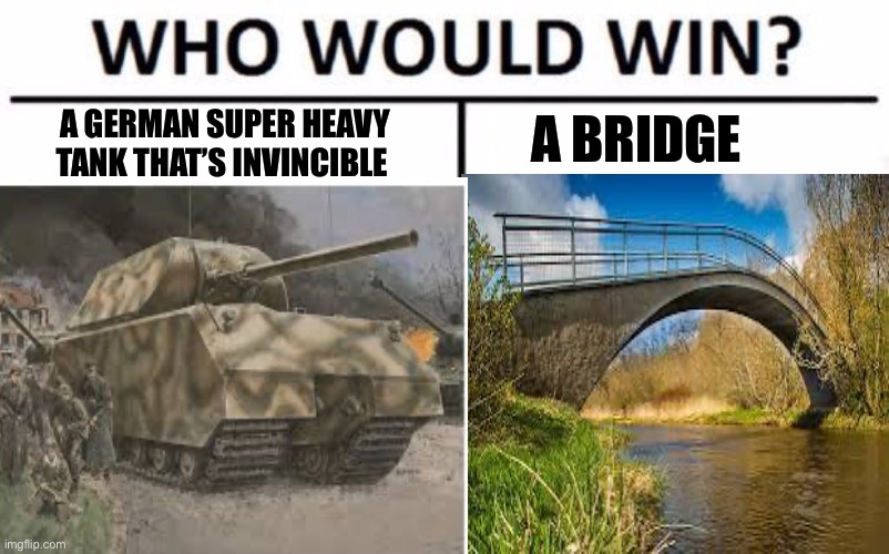 Maus sucked | A GERMAN SUPER HEAVY TANK THAT’S INVINCIBLE; A BRIDGE | image tagged in memes,who would win | made w/ Imgflip meme maker