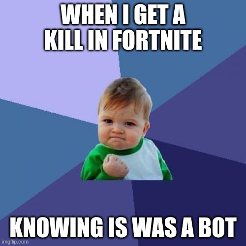 Fortnite Meme | WHEN I GET A KILL IN FORTNITE; KNOWING IS WAS A BOT | image tagged in memes,success kid | made w/ Imgflip meme maker