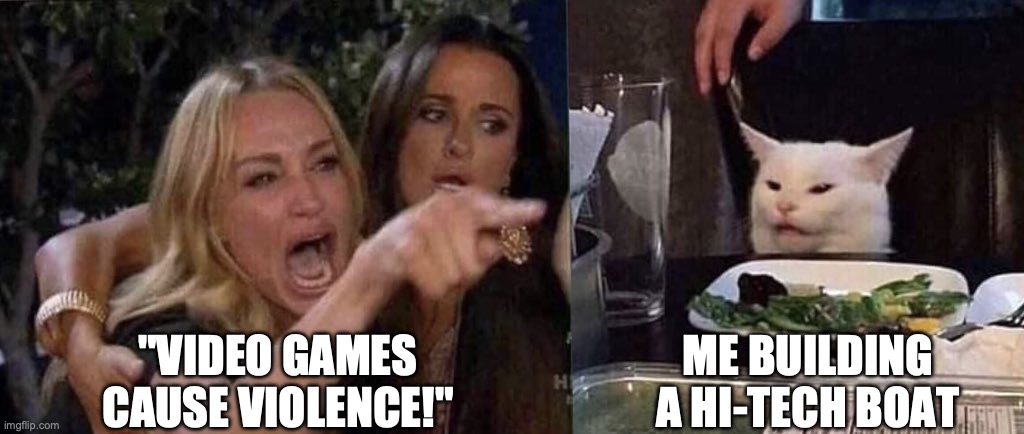 woman yelling at cat | "VIDEO GAMES CAUSE VIOLENCE!"; ME BUILDING A HI-TECH BOAT | image tagged in woman yelling at cat | made w/ Imgflip meme maker