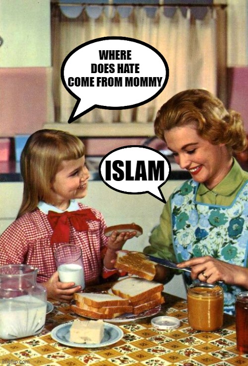 religion | WHERE DOES HATE COME FROM MOMMY; ISLAM | image tagged in vintage mom and daughter | made w/ Imgflip meme maker
