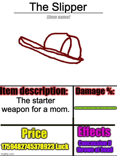 Item-shop extended | The Slipper; 343246234892367846329461738493264097812; The starter weapon for a mom. 1759482745378923 Luck; Concussion if thrown at head | image tagged in item-shop extended | made w/ Imgflip meme maker