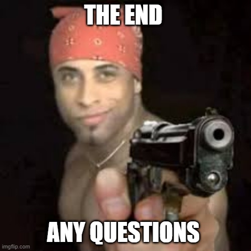 Ricardo pointing gun | THE END; ANY QUESTIONS | image tagged in ricardo pointing gun | made w/ Imgflip meme maker