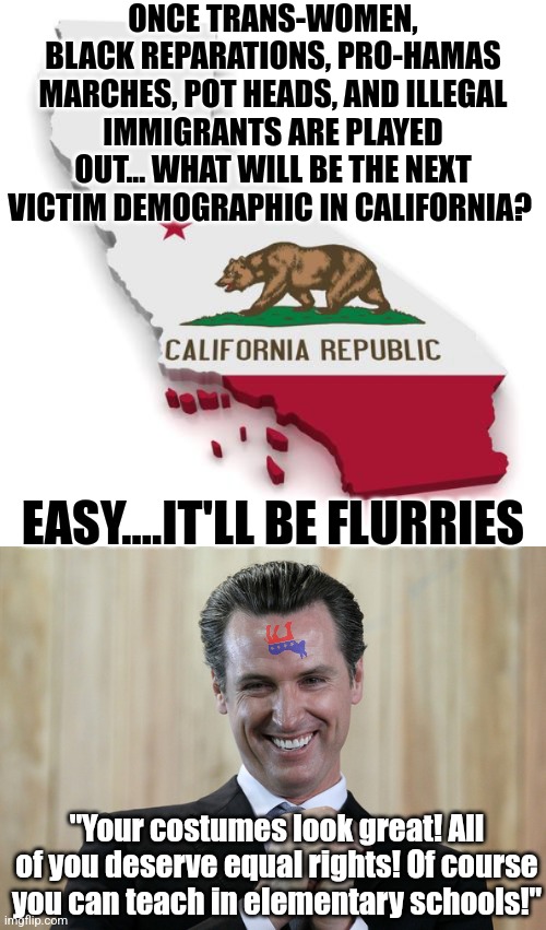 #furryrightsnow, we gotta start this and see if the Dems in California fall for it! | ONCE TRANS-WOMEN, BLACK REPARATIONS, PRO-HAMAS MARCHES, POT HEADS, AND ILLEGAL IMMIGRANTS ARE PLAYED OUT... WHAT WILL BE THE NEXT VICTIM DEMOGRAPHIC IN CALIFORNIA? EASY....IT'LL BE FLURRIES; "Your costumes look great! All of you deserve equal rights! Of course you can teach in elementary schools!" | image tagged in california,scheming gavin newsom,furries,victims,stupid liberals,biased media | made w/ Imgflip meme maker