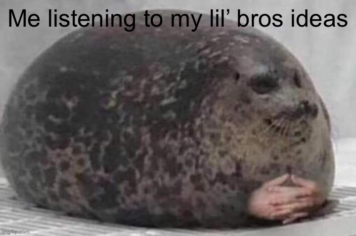 Fat seal with interlocked hands | Me listening to my lil’ bros ideas | image tagged in fat seal with interlocked hands | made w/ Imgflip meme maker