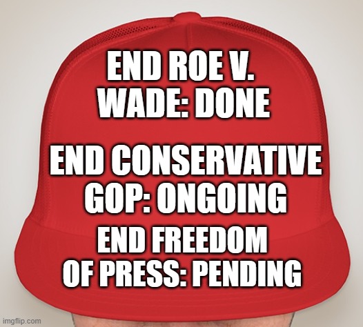 Nothing he says is "In Jest." | END ROE V. 
WADE: DONE; END CONSERVATIVE GOP: ONGOING; END FREEDOM OF PRESS: PENDING | image tagged in trump hat | made w/ Imgflip meme maker