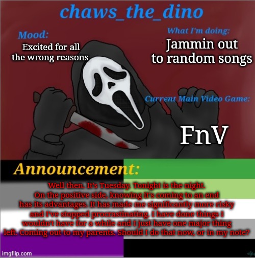 Chaws_the_dino announcement temp | Jammin out to random songs; Excited for all the wrong reasons; FnV; Well then. It's Tuesday. Tonight is the night. On the positive side, knowing it's coming to an end has its advantages. It has made me significantly more risky and I've stopped procrastinating. I have done things I wouldn't have for a while and I just have one major thing left. Coming out to my parents. Should I do that now, or in my note? | image tagged in chaws_the_dino announcement temp | made w/ Imgflip meme maker