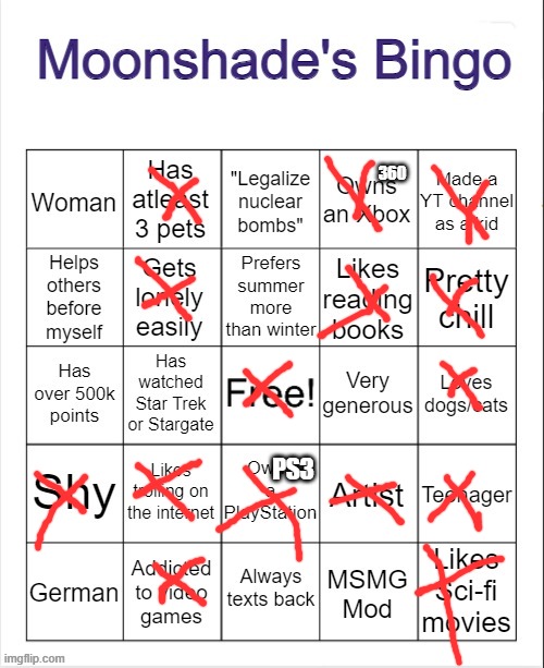 Moonshade's Bingo | 360; PS3 | image tagged in moonshade's bingo | made w/ Imgflip meme maker