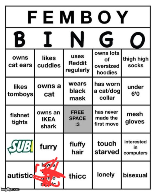 Scourge of the universe >>> | image tagged in femboy bingo | made w/ Imgflip meme maker