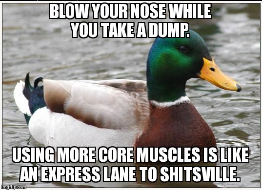 Actual Advice Mallard | BLOW YOUR NOSE WHILE YOU TAKE A DUMP. USING MORE CORE MUSCLES IS LIKE AN EXPRESS LANE TO SHITSVILLE. | image tagged in memes,actual advice mallard,AdviceAnimals | made w/ Imgflip meme maker